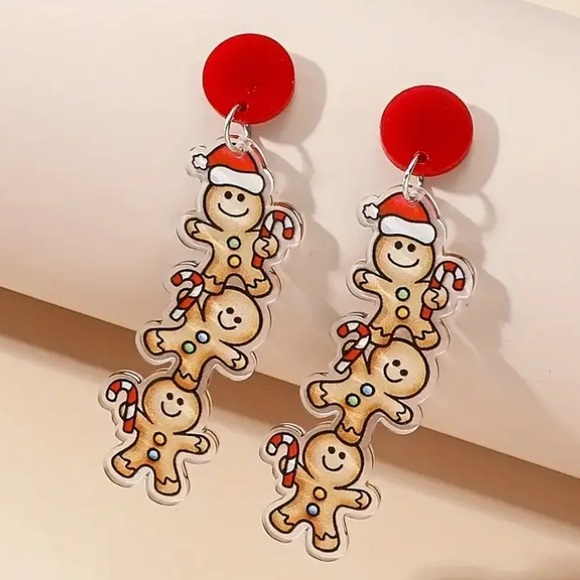 Jewelry - Gingerbread Candy Cane Santa Hat Acrylic Christmas Holiday Stud Earrings